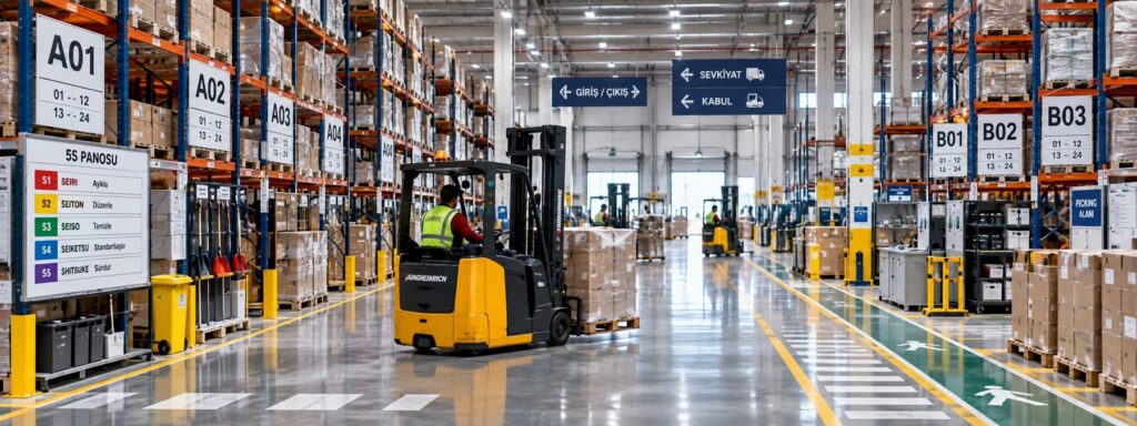 Regalsysteme und Staplerbetrieb in einem geordneten Logistik- und Verteilzentrum