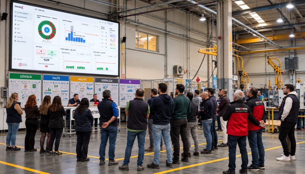 Team verfolgt ein digitales Produktionsboard mit Informationen zu Sicherheit, Qualität und Kosten