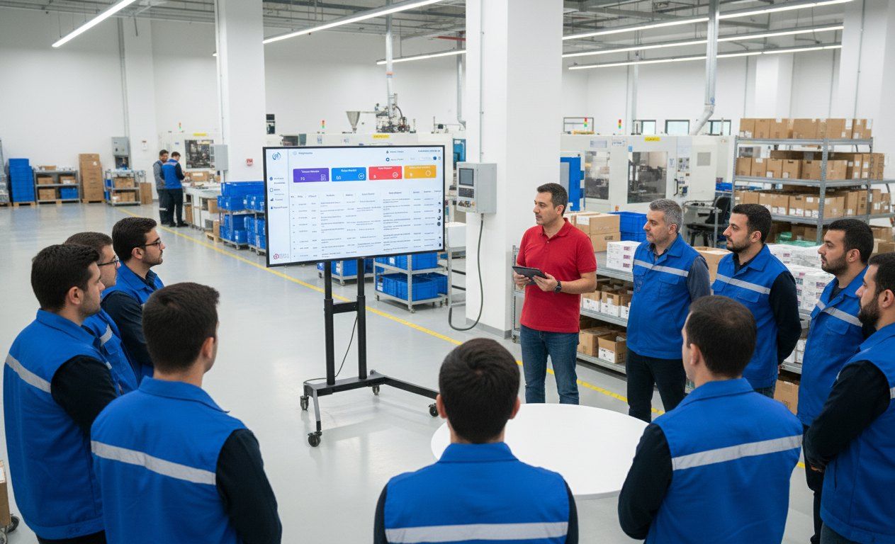 PDCA-Besprechung mit Gemba Tools auf dem Tablet