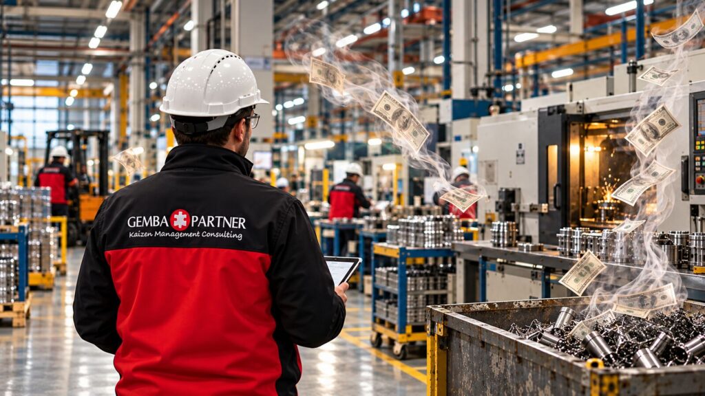 Gemba-Partner-Berater beobachtet Prozesse und mögliche verdeckte Kosten in einer Fertigung