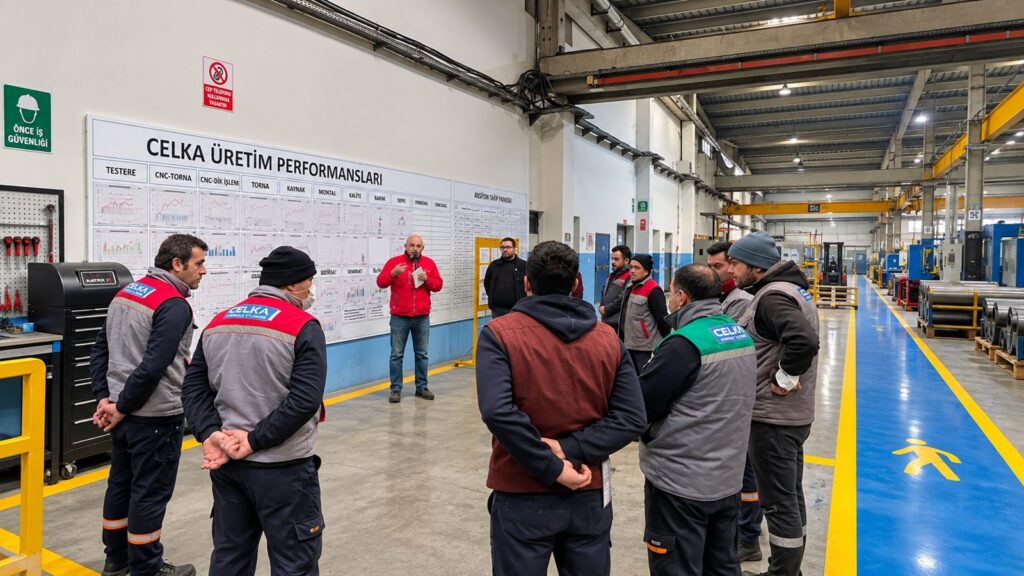 Team bespricht visuelles Management vor einem Produktionsboard und Arbeitsplatzmarkierungen