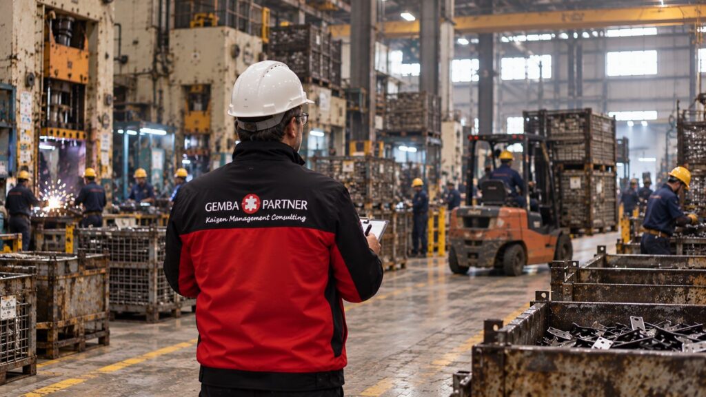 Gemba-Partner-Berater beobachtet Bestände und Materialbewegungen in einer Fertigung