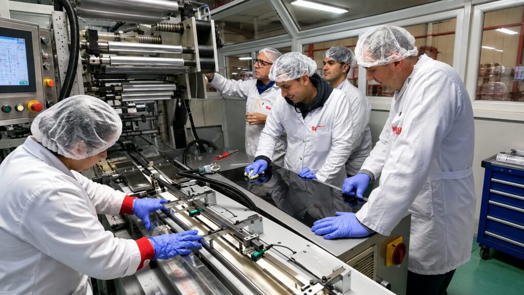Team in Hygienekleidung bei abgestimmten Reinigungs- und Pflegearbeiten an einer Produktionsanlage
