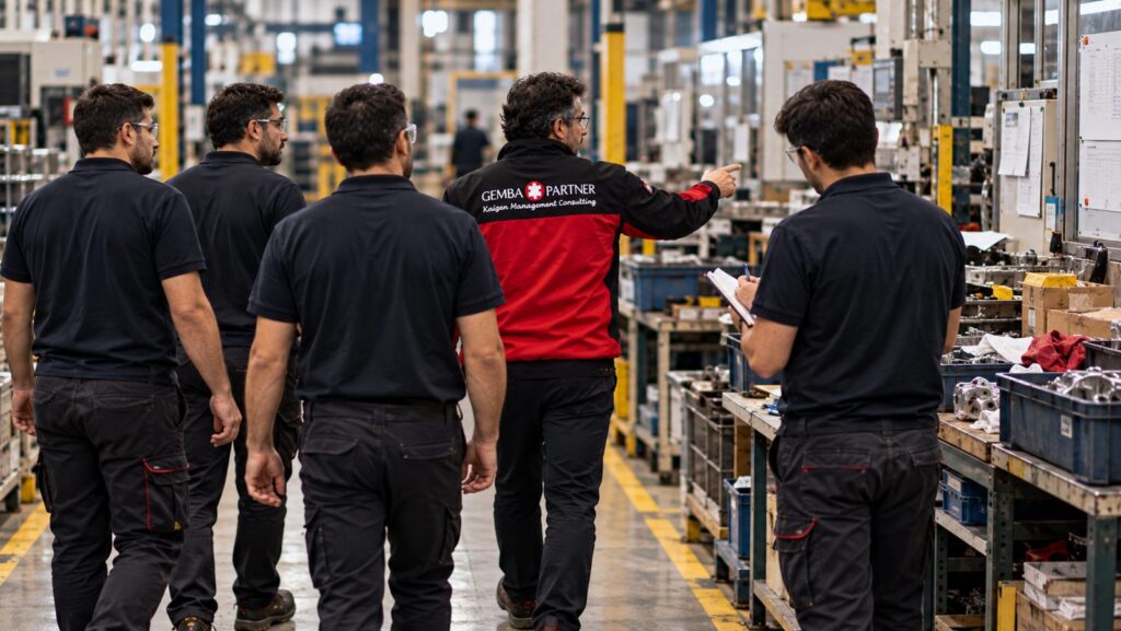 Gemba-Partner-Berater und Team bei einem gemeinsamen Rundgang durch die Produktion
