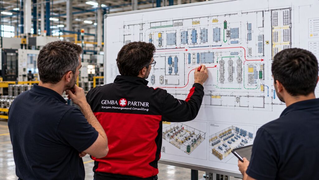 Flussorientierte Anordnung von Arbeitsplätzen und Anlagen in einer Fabrik